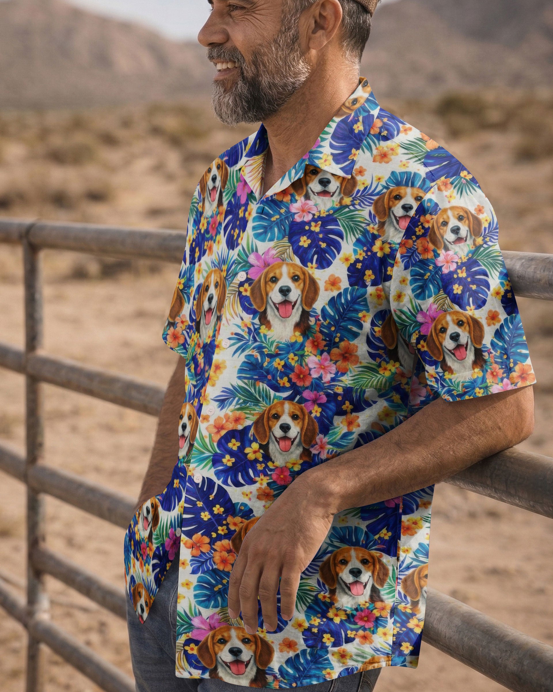 Beagle Tropical Camp Shirt Side view of the beagle tropical camp shirt on a hanger, displaying the vivid patterns and stylish fit.