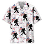 Front view of the Bigfoot Independence Day fireworks Hawaiian shirt showcasing vibrant fireworks and flag designs.