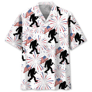 Front view of the Bigfoot Independence Day fireworks Hawaiian shirt showcasing vibrant fireworks and flag designs.