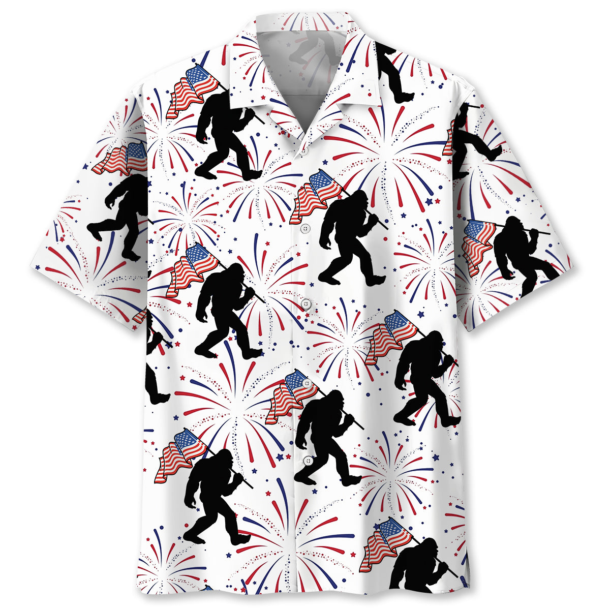 Bigfoot Independence Day Fireworks Hawaiian Shirt Front view of the Bigfoot Independence Day fireworks Hawaiian shirt showcasing vibrant fireworks and flag designs.