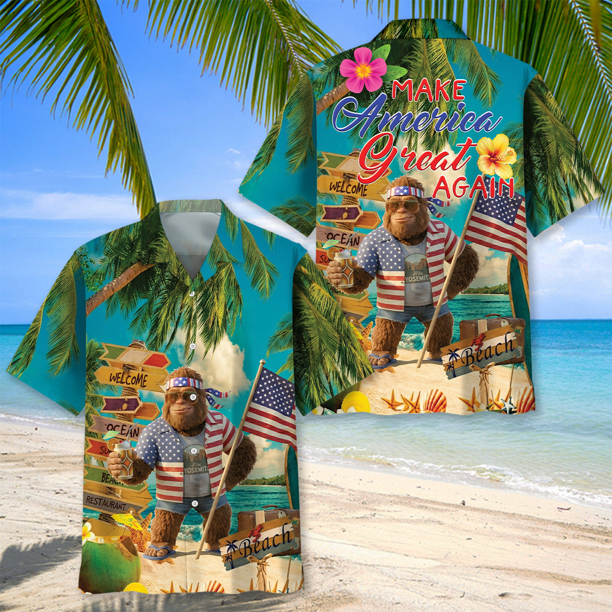 Funny Bigfoot Patriot Tropical Beach Hawaiian Shirt Funny Bigfoot Patriot Tropical Beach Hawaiian Shirt - Image 2
