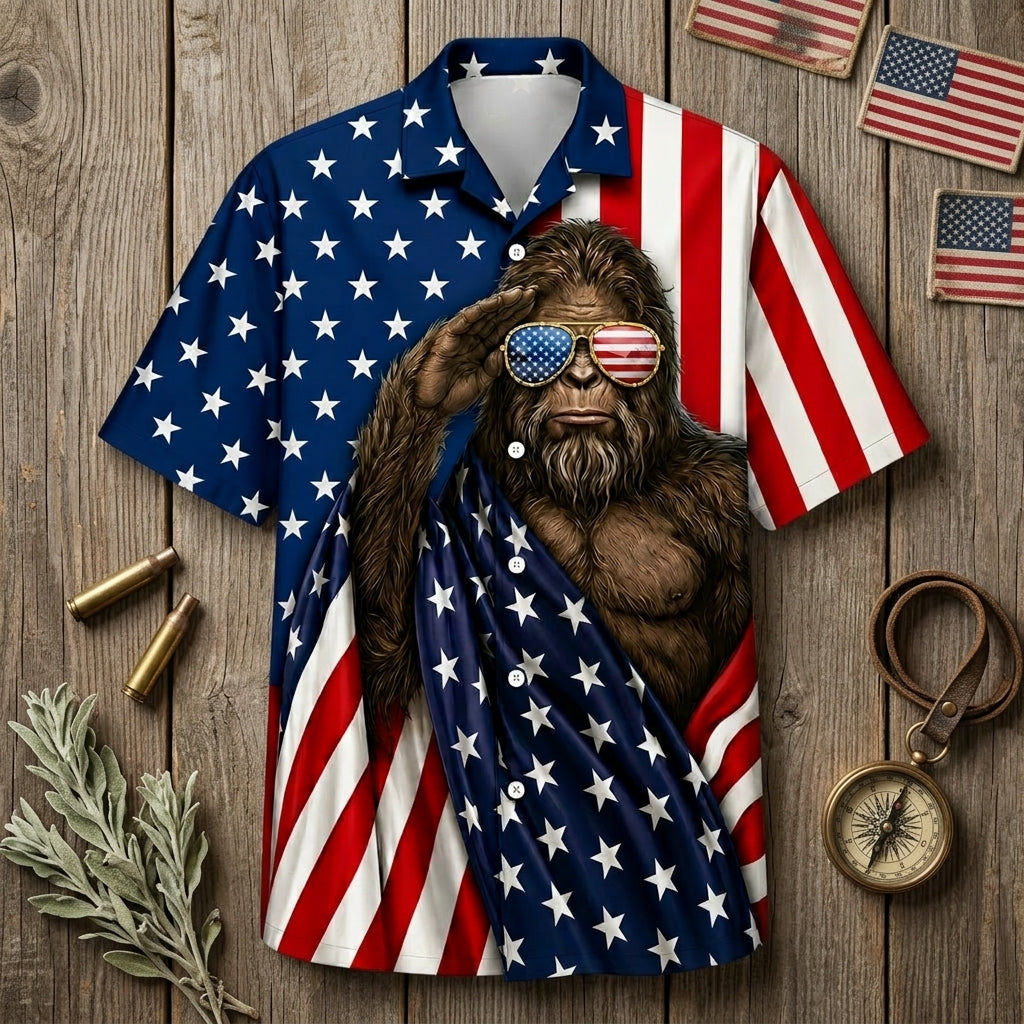 Bigfoot Patriotic Salute Hawaiian Shirt Back view showcasing the full design of the bigfoot patriotic salute Hawaiian shirt with stars.