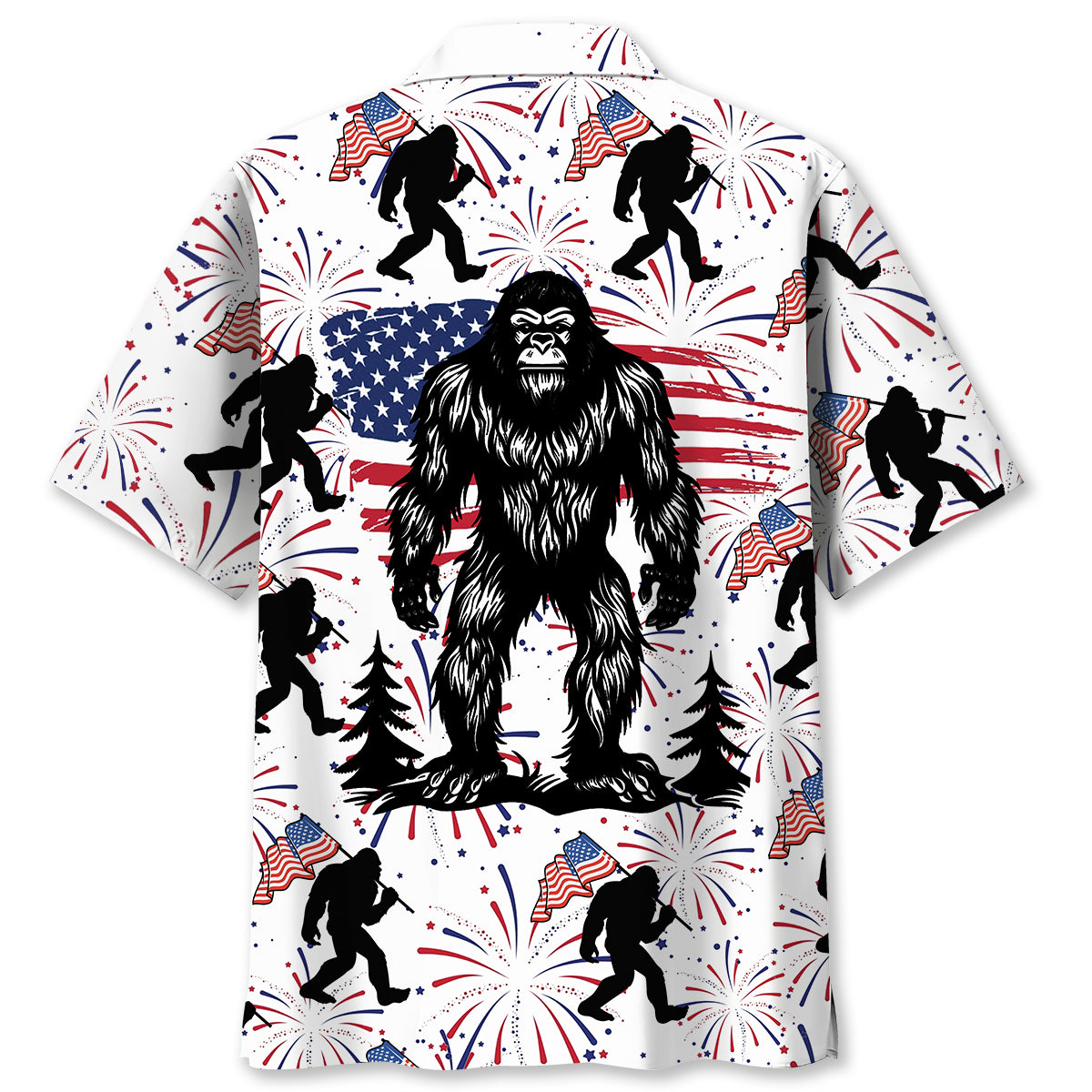 Bigfoot Independence Day Fireworks Hawaiian Shirt Back view of the Bigfoot Independence Day fireworks Hawaiian shirt with a bold black silhouette against white.