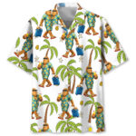 Front view of the Sasquatch Summer Vacation Hawaiian shirt featuring vibrant palm tree and tropical designs.