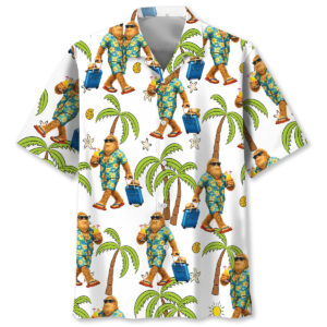 Front view of the Sasquatch Summer Vacation Hawaiian shirt featuring vibrant palm tree and tropical designs.
