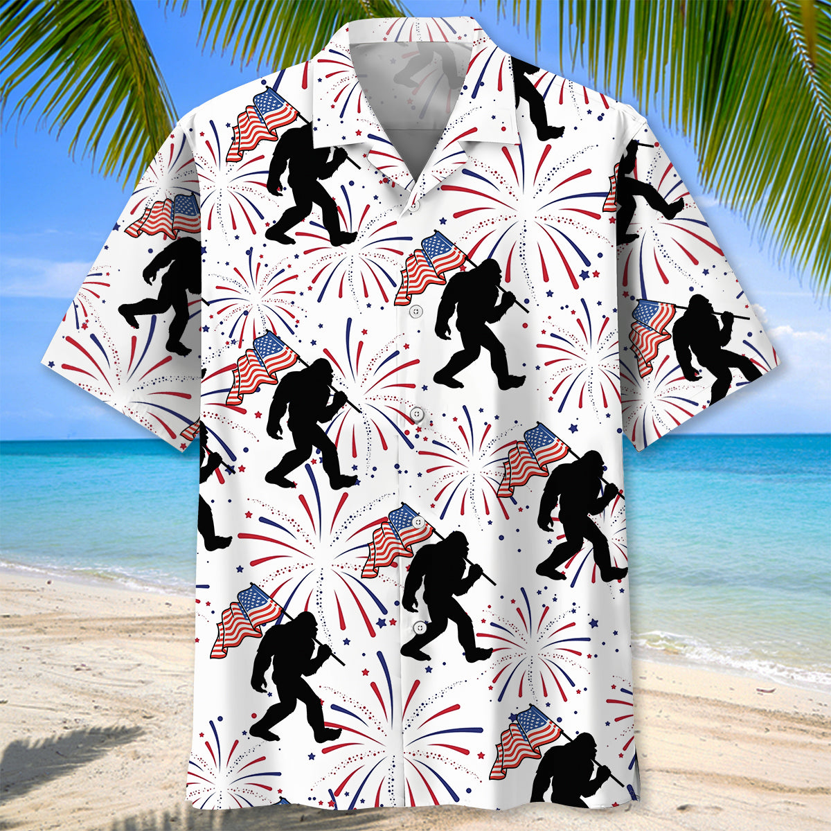 Bigfoot Independence Day Fireworks Hawaiian Shirt Close-up detail of the Bigfoot Independence Day fireworks Hawaiian shirt fabric highlighting fireworks and flag patterns.