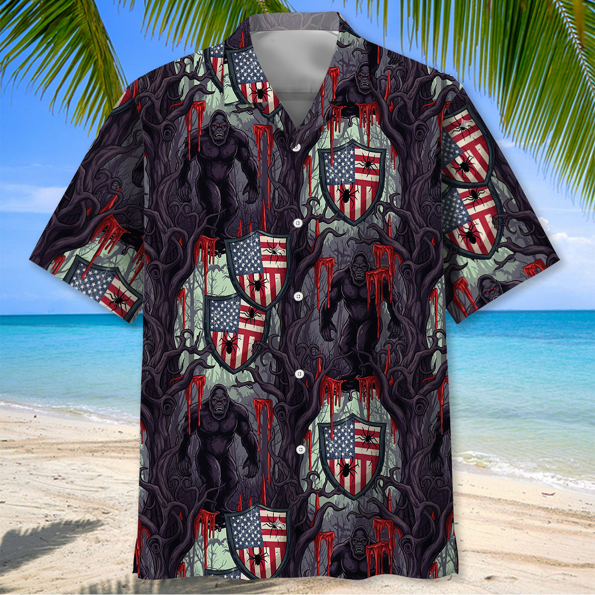 Bigfoot Dark Forest Horror Hawaiian Shirt Back view showcasing the full pattern of the Bigfoot Dark Forest horror Hawaiian shirt with vibrant graphics.