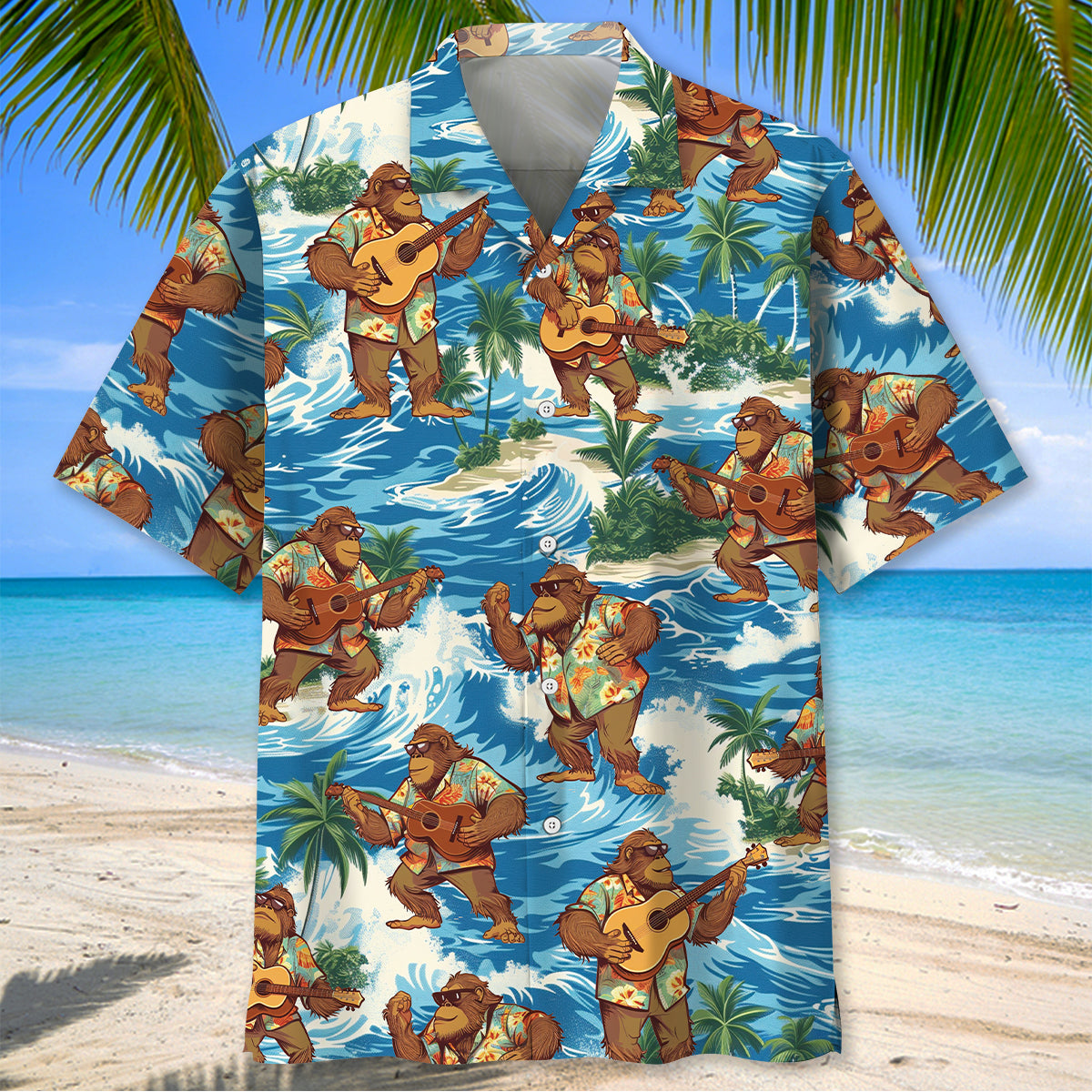 Funny Bigfoot Play Ukulele Hawaiian Shirt Back view of funny bigfoot play ukulele Hawaiian shirt showcasing its unique pattern and relaxed fit.