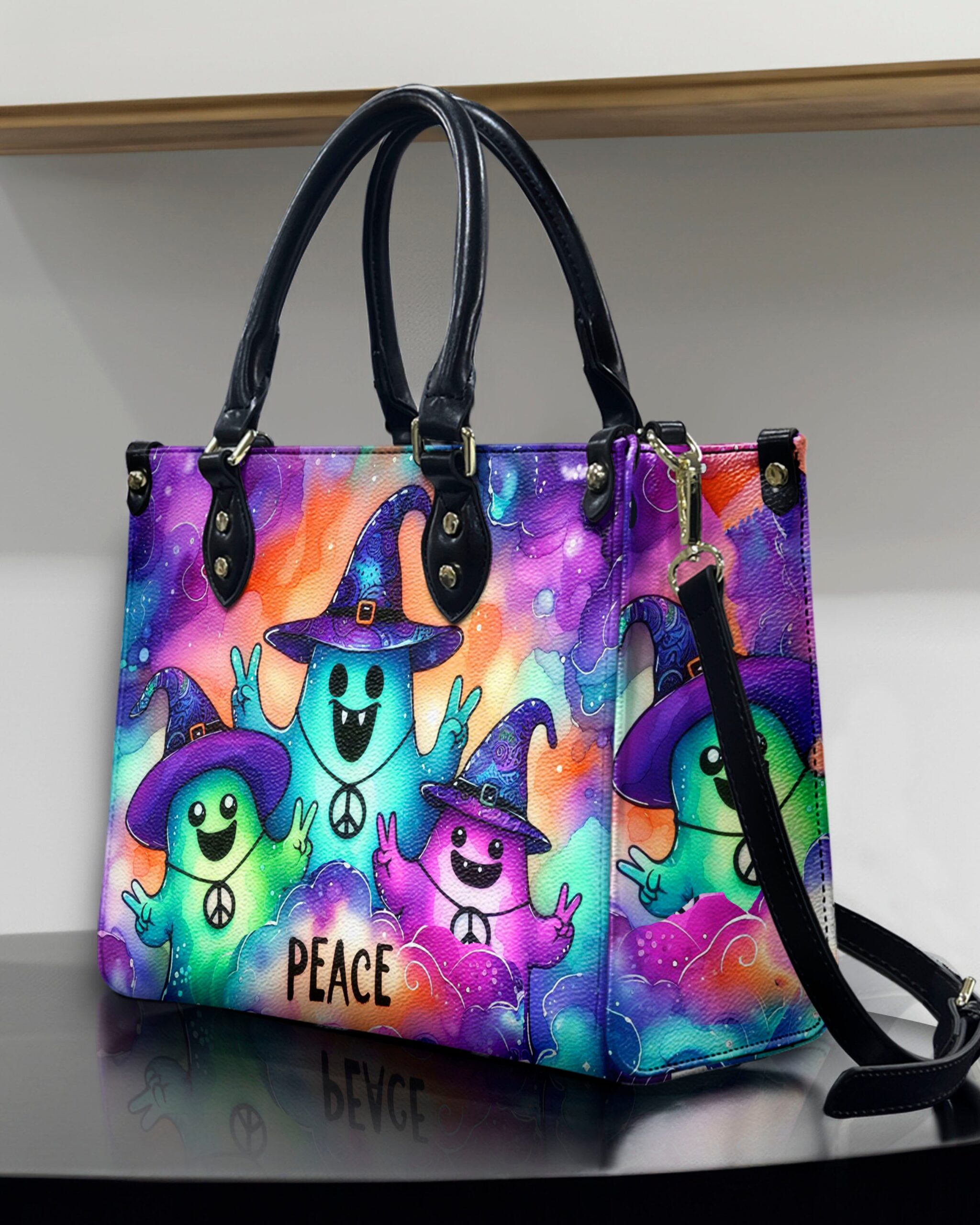 Peace Cute Ghost Halloween Leather Handbag 2_431a9884-2692-49d4-886a-e9cf07617b89.jpg