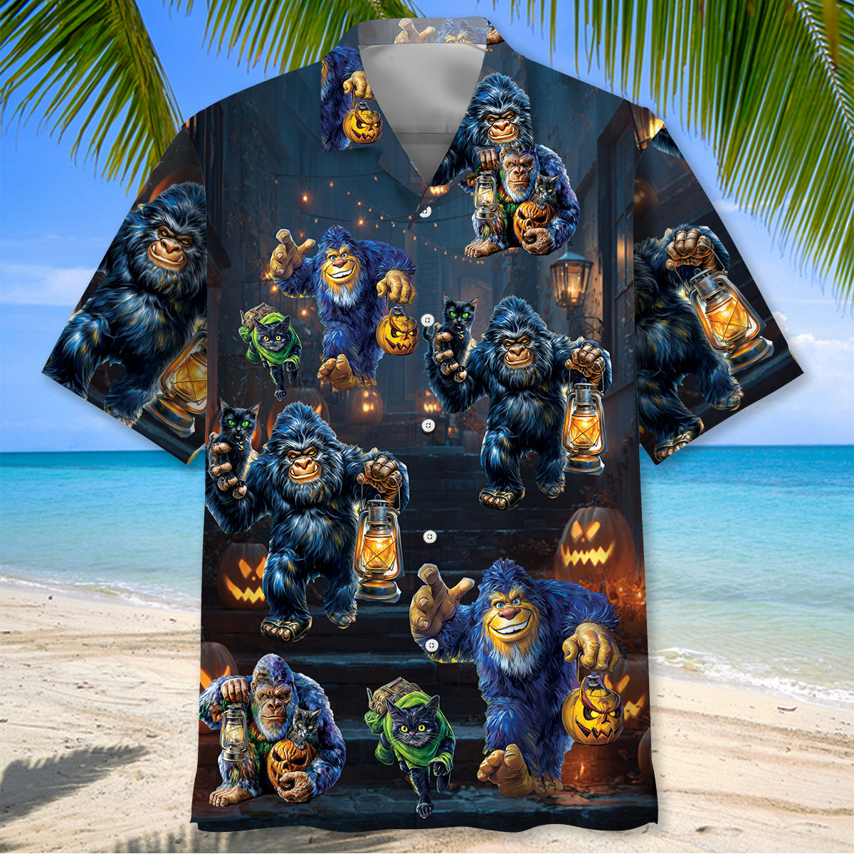 Bigfoot Catching Black Cat Halloween Shirt Back of the bigfoot catching black cat Halloween shirt, showcasing the playful monster and cat details.