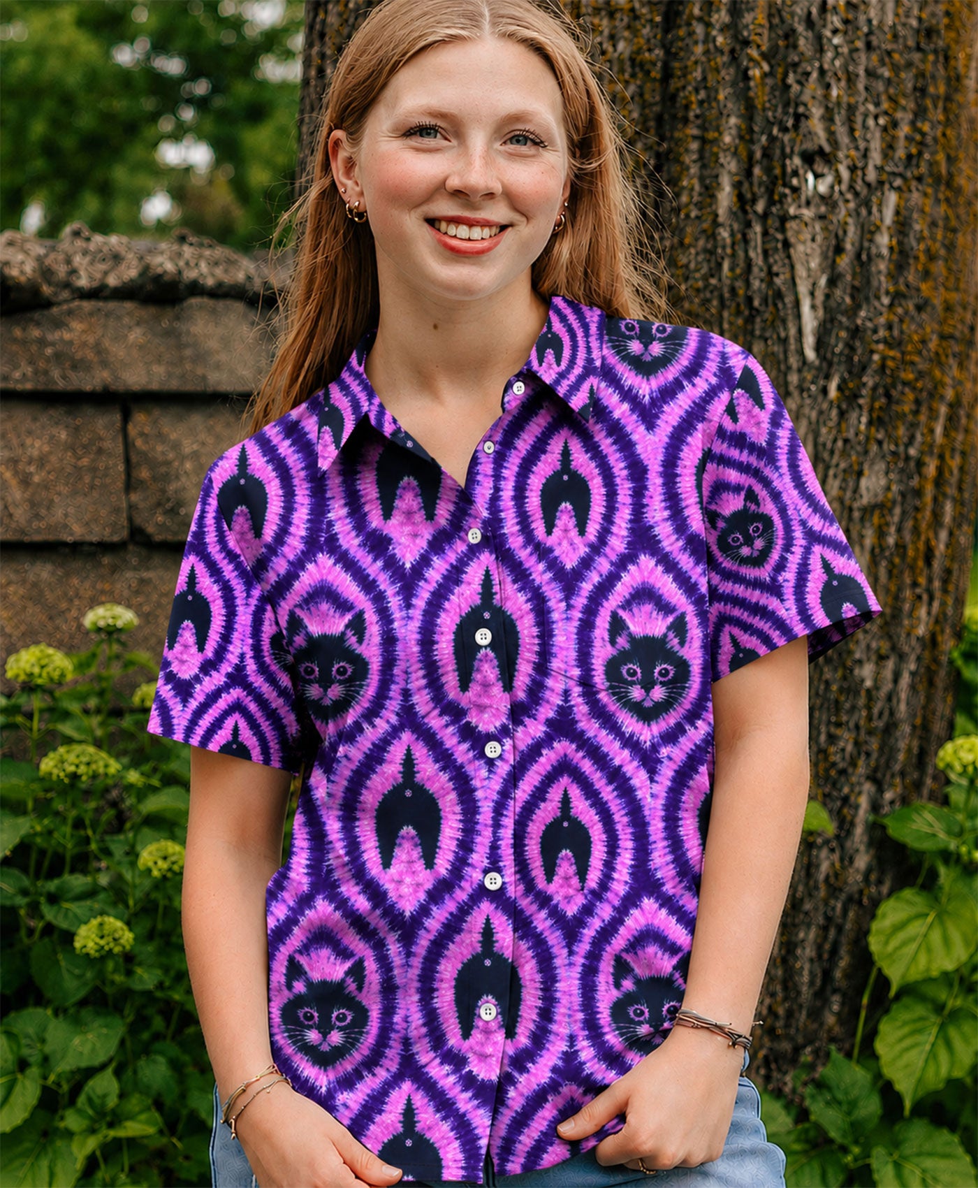Funny Cat Pattern Button-Down Collar Shirt Lifestyle shot of a person wearing a funny cat pattern button-down shirt in a casual outdoor setting.