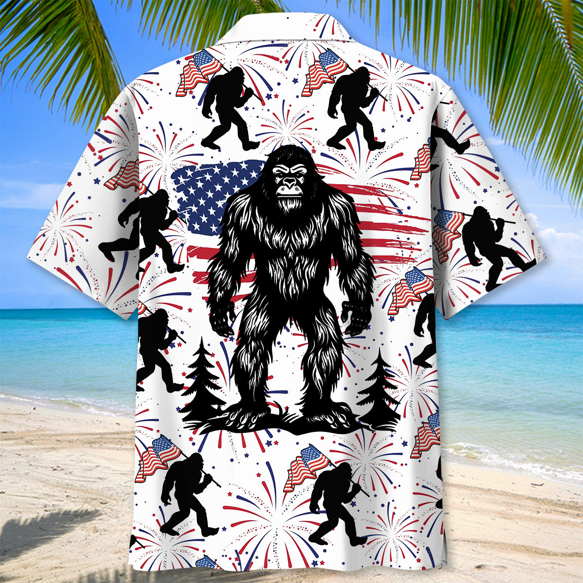 Bigfoot Independence Day Fireworks Hawaiian Shirt Lifestyle shot of a person wearing the Bigfoot Independence Day fireworks Hawaiian shirt at a festive outdoor event.