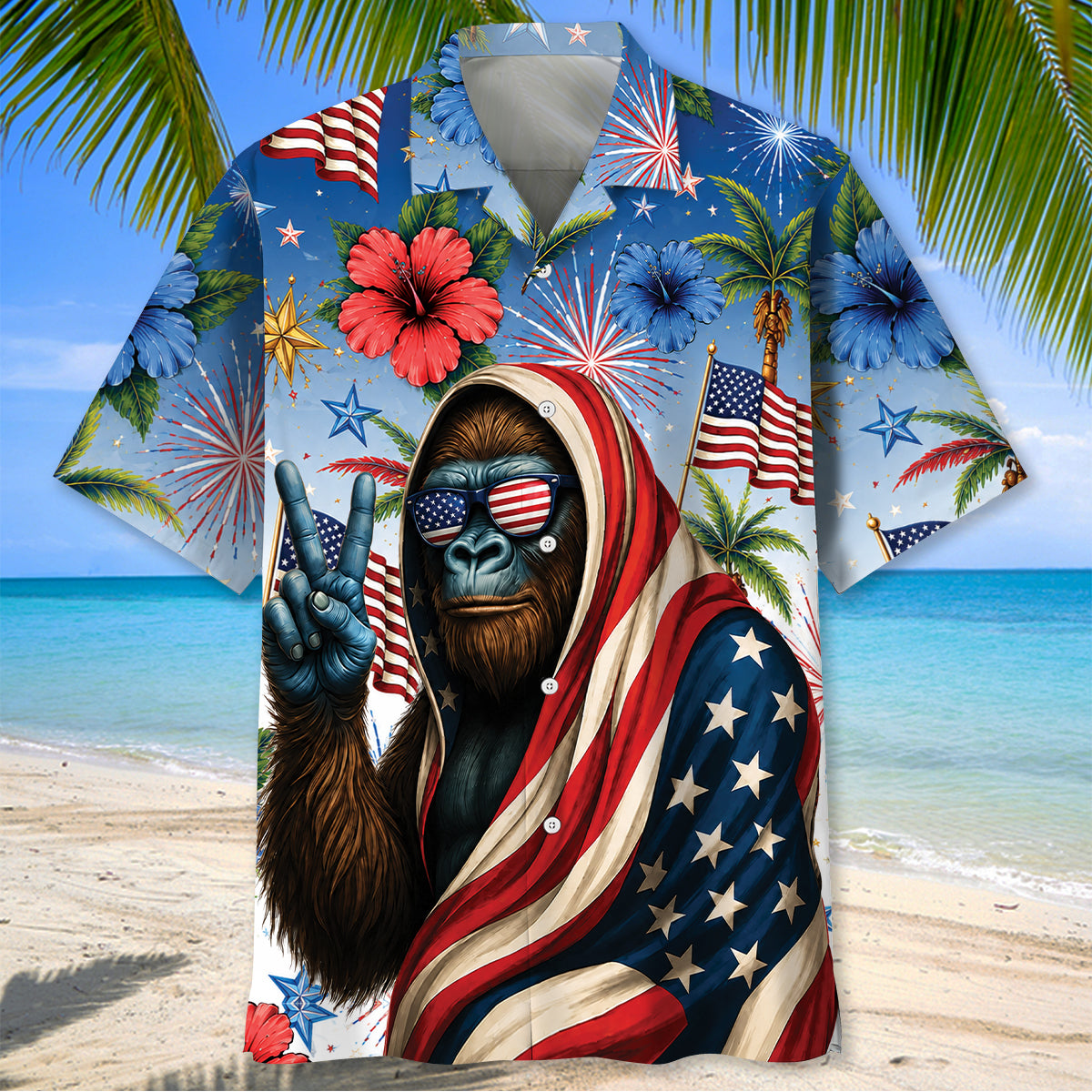 Patriotic Bigfoot 4th of July Hawaiian Shirt Back view of the patriotic Bigfoot 4th of July shirt displaying bright fireworks and palm trees.