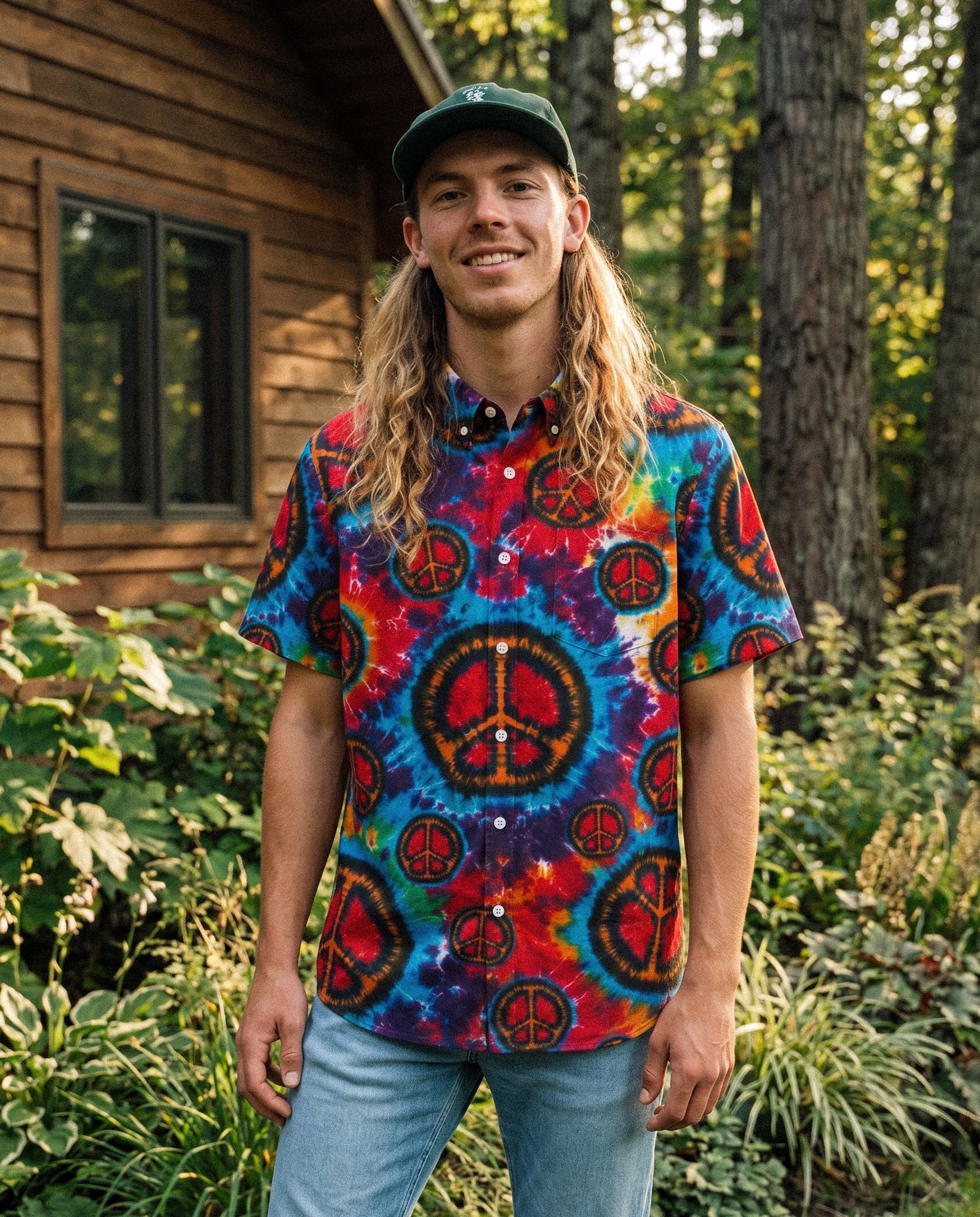 Rainbow Peace Burst Button-Down Collar Shirt Lifestyle shot of a person wearing the rainbow peace burst button-down shirt at a summer festival.