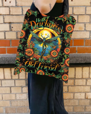 Front view of the HELLO DARKNESS MY OLD FRIEND DRAGONFLY TOTE BAG showcasing vibrant colors and intricate design.