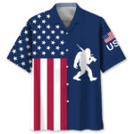 Front view of the Proud of America Bigfoot Hawaiian shirt featuring a bigfoot American flag design in vibrant colors.