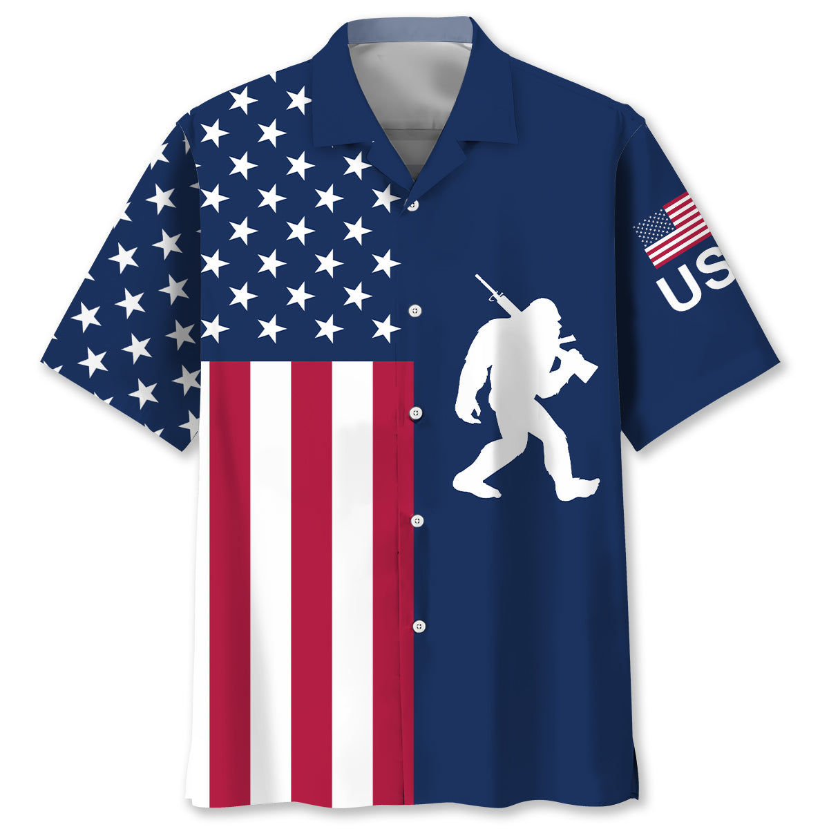 Bigfoot American Flag Hawaiian Shirt Front view of the Proud of America Bigfoot Hawaiian shirt featuring a bigfoot American flag design in vibrant colors.