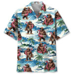 Front view of the funny bigfoot flamingo float shirt featuring vibrant colors and fun tropical design.