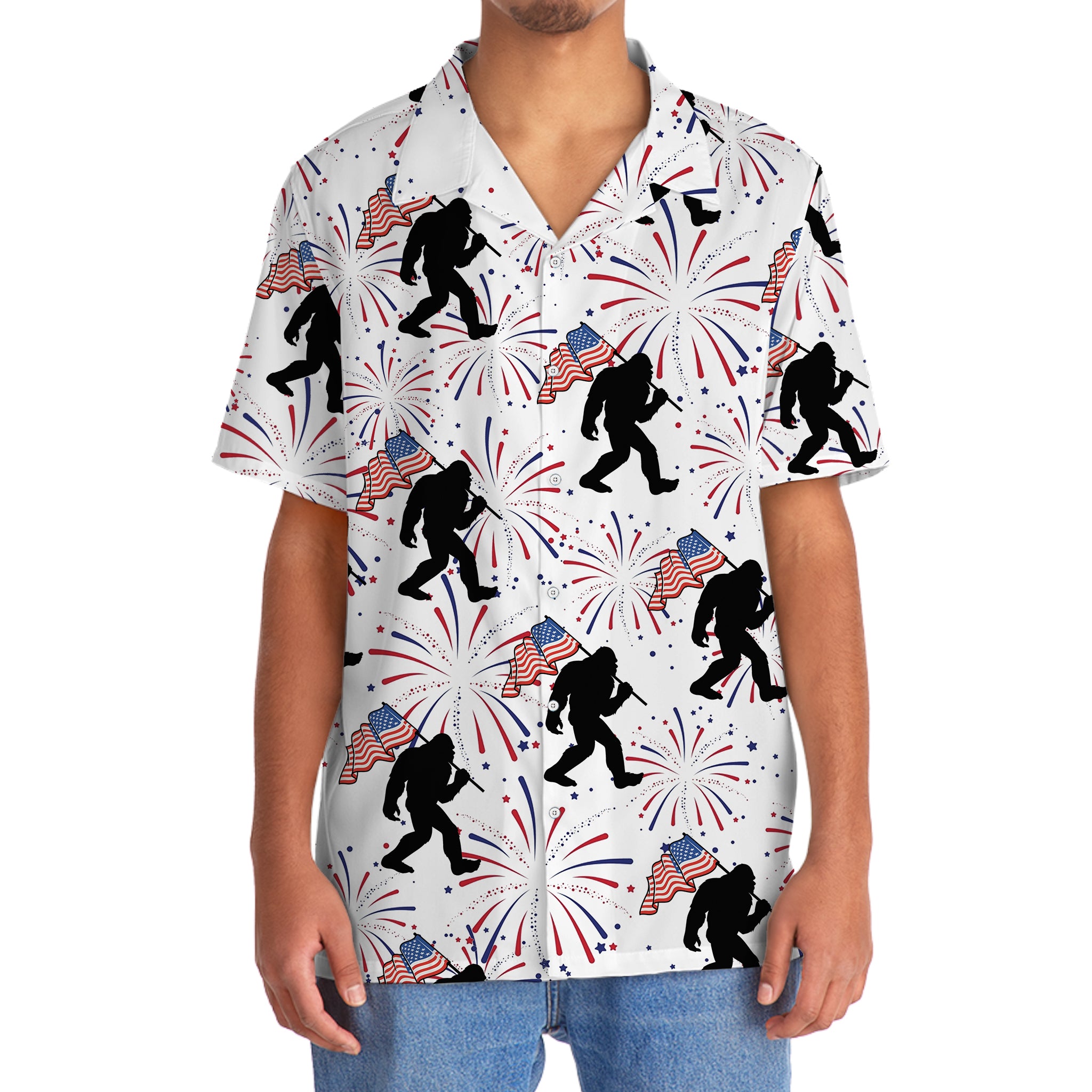 Bigfoot Independence Day Fireworks Hawaiian Shirt Side angle of the Bigfoot Independence Day fireworks Hawaiian shirt displaying its relaxed fit and colorful design.