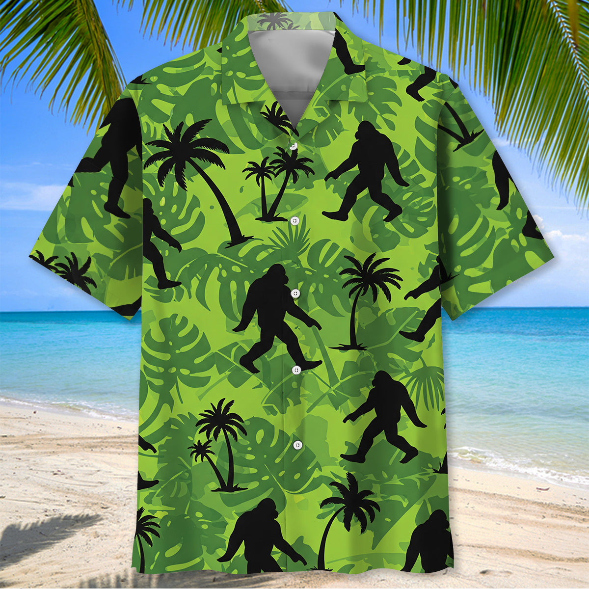 Tropical Bigfoot Hawaiian Shirt Back view of the tropical bigfoot Hawaiian shirt showcasing vibrant palm leaves and distinct Bigfoot designs.