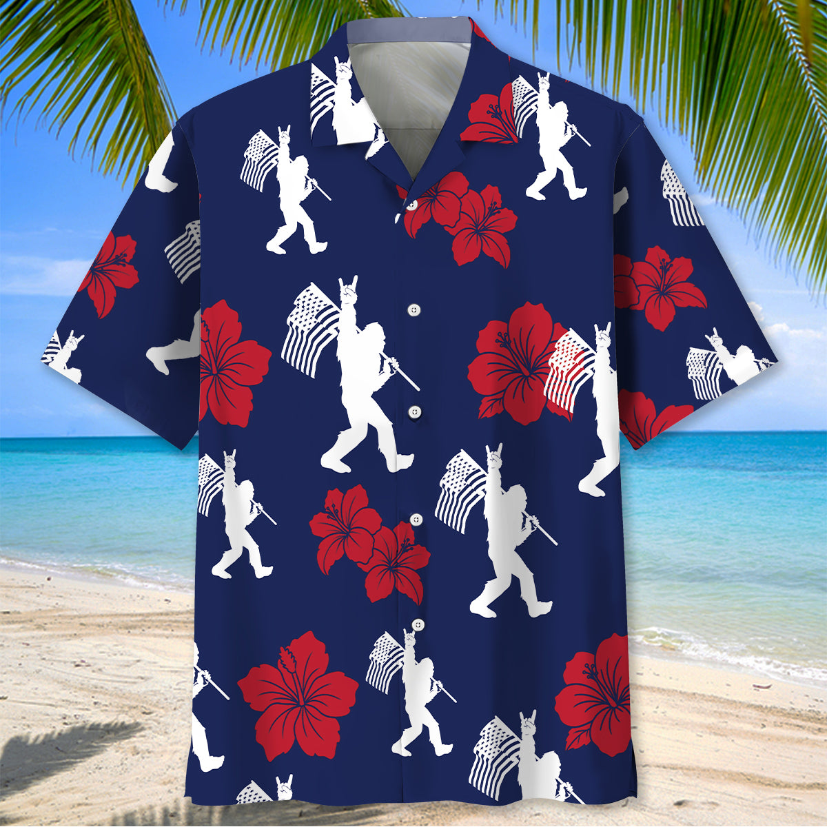 Patriotic Bigfoot USA Flag Color Hawaiian Shirt Back view showcasing the vibrant design of the patriotic bigfoot USA flag color Hawaiian shirt.