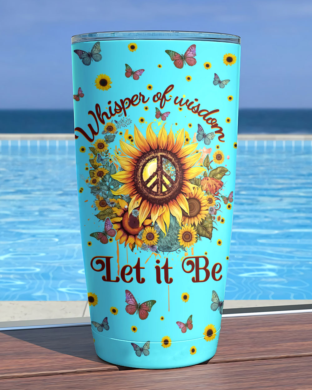 Whisper of Wisdom Sunflower Insulated Tumbler Lifestyle shot of the Whisper of Wisdom sunflower tumbler in use outdoors, highlighting its colorful and cheerful aesthetic.