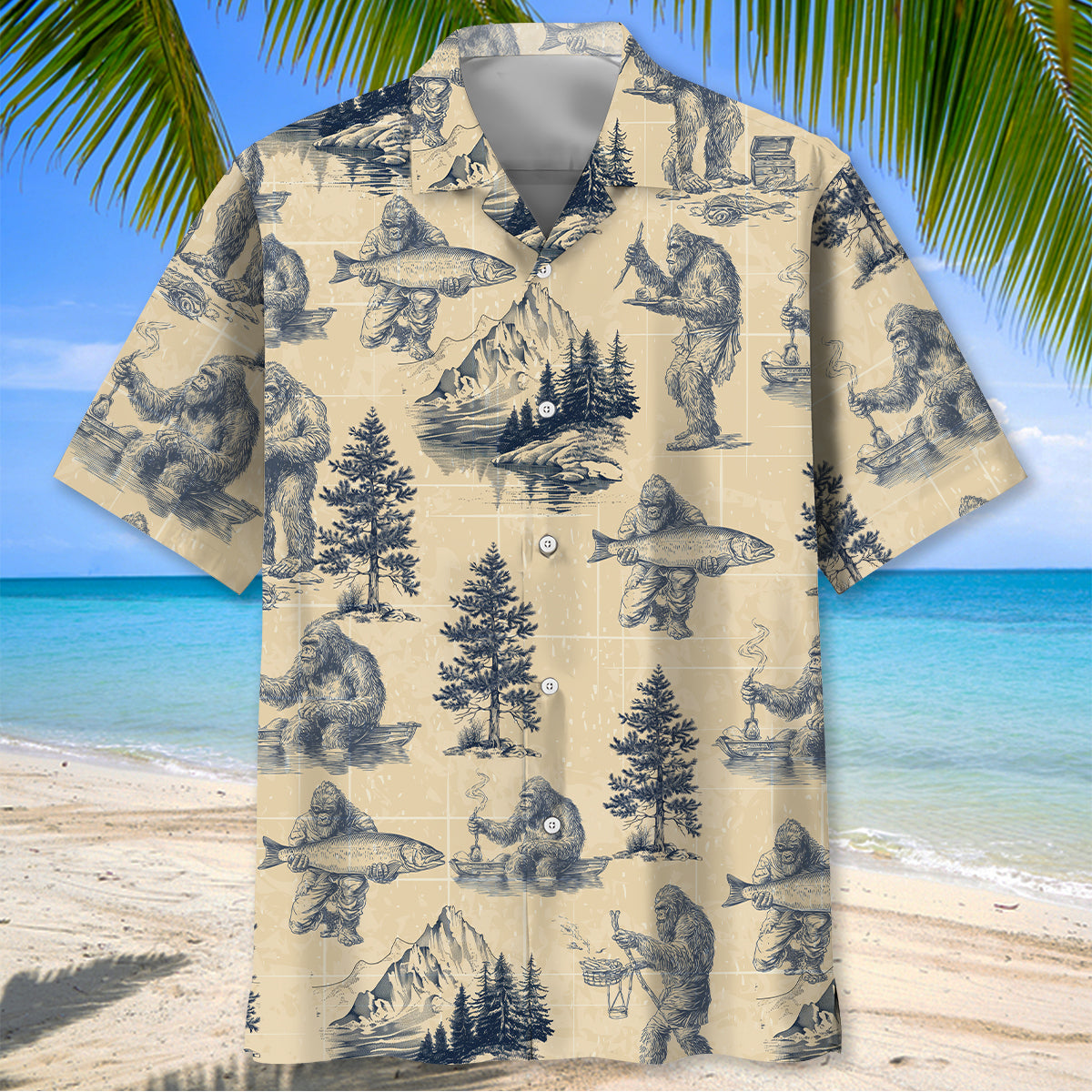 Bigfoot Go Fishing Hawaiian Shirt Back view of the Bigfoot Go Fishing Hawaiian shirt showcasing its unique fishing-themed illustrations and colors.