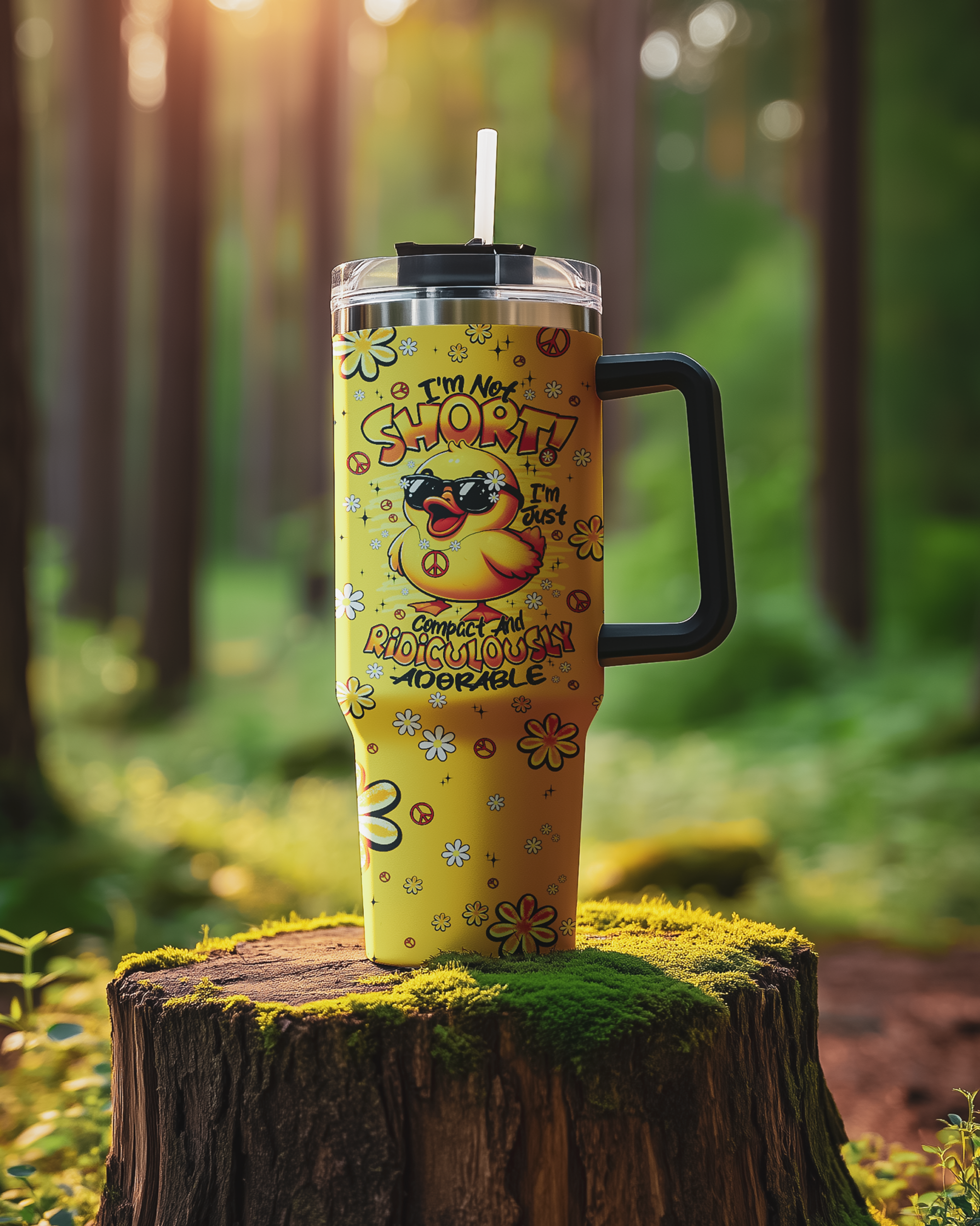 im not short duck hippie tumbler Lifestyle shot of the I'M NOT SHORT DUCK HIPPIE TUMBLER on a picnic table, surrounded by nature and friends.
