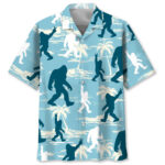 Front view of the funny bigfoot light blue silhouette Hawaiian shirt showcasing vibrant Bigfoot designs.