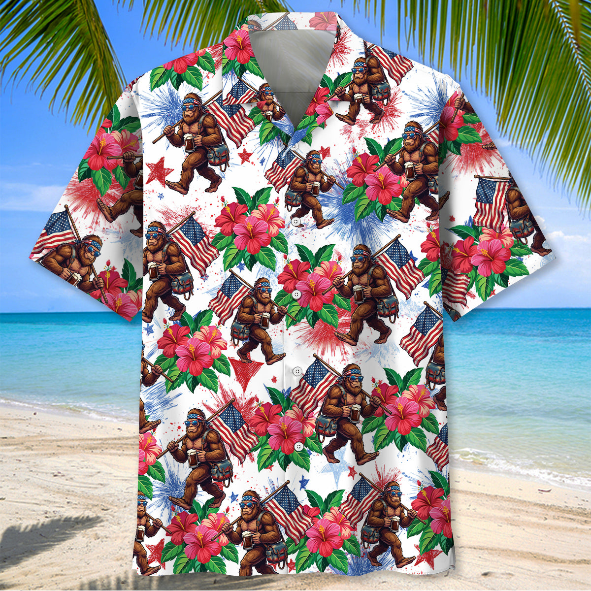 Bigfoot Patriot Tropical Hawaiian Shirt Back view of the Bigfoot Patriot Tropical Hawaiian Shirt showcasing the colorful pattern and relaxed fit.