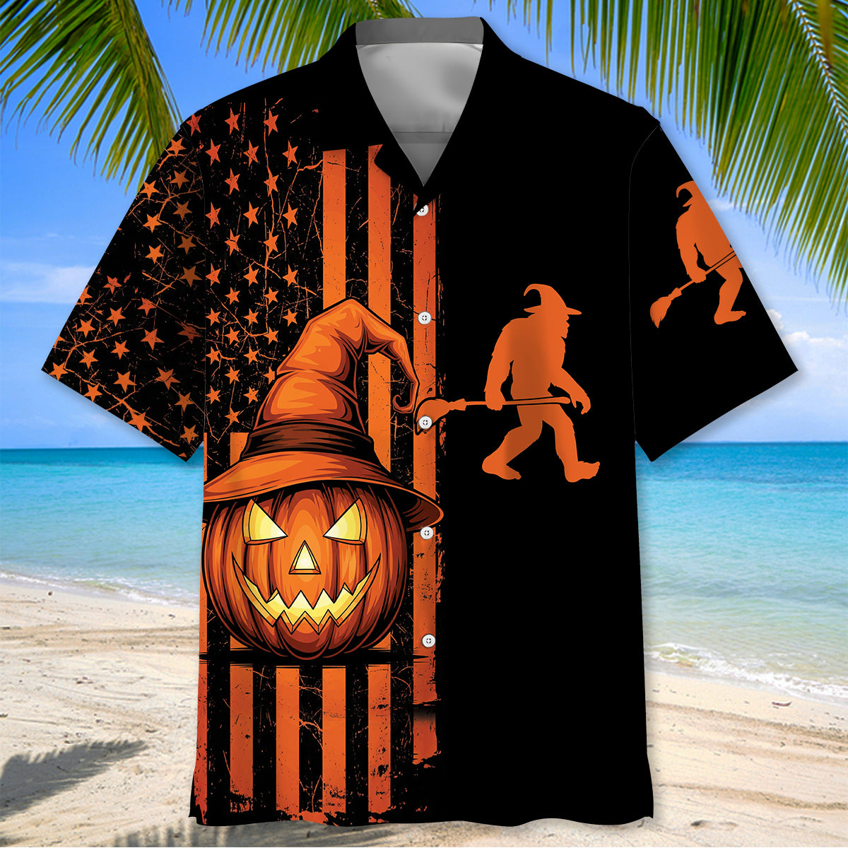Bigfoot America Flag Halloween Theme Hawaiian Shirt Bigfoot America Flag Halloween Theme Hawaiian Shirt - Image 2