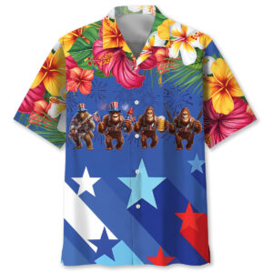 Front view of the patriot bigfoot festive Hawaiian shirt with vibrant floral patterns and playful Bigfoot designs.