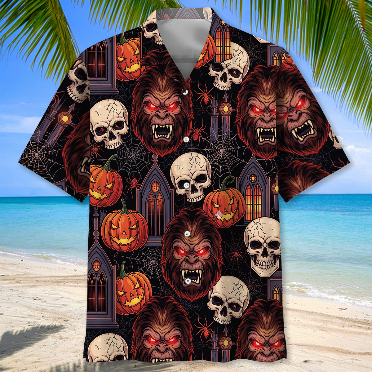 Skull and Sasquatch Horror Mix Hawaiian Shirt Back view showcasing the intricate skull and sasquatch horror mix Hawaiian shirt pattern with pumpkins.