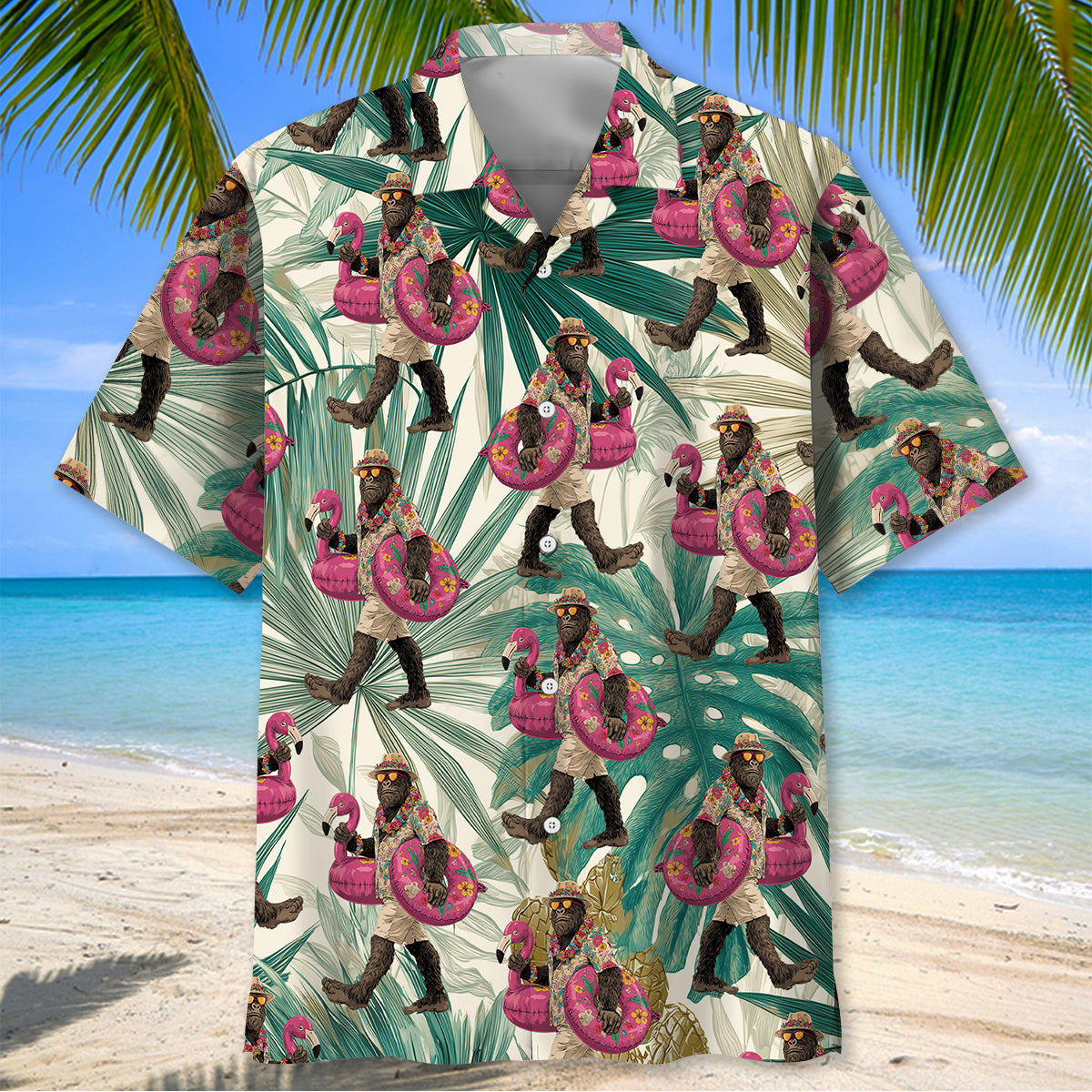 Bigfoot Flamingo Escape Hawaiian Shirt Back view of the Bigfoot Flamingo Escape Hawaiian shirt showcasing the tropical pattern and relaxed fit.