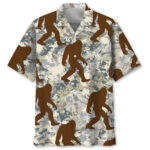 Front view of bigfoot nature camouflage Hawaiian shirt featuring earthy tones and playful Bigfoot silhouettes.