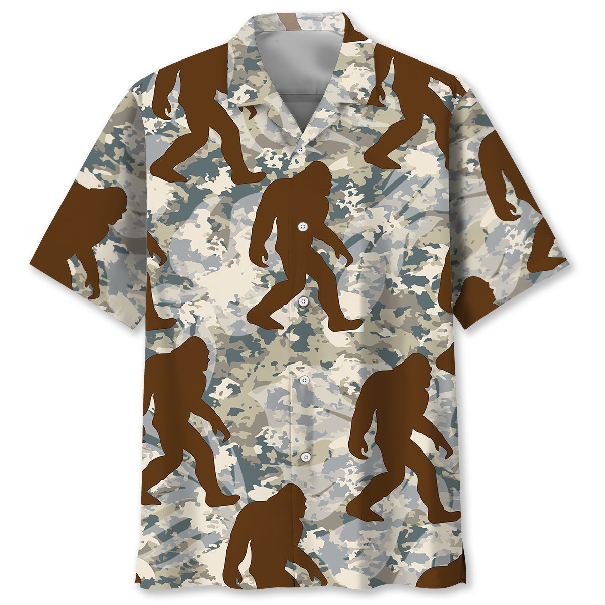 Bigfoot Nature Camouflage Hawaiian Shirt Front view of bigfoot nature camouflage Hawaiian shirt featuring earthy tones and playful Bigfoot silhouettes.