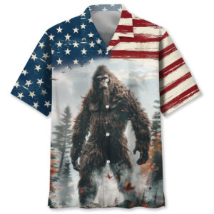 Front view of the Bigfoot American Wilderness Legend shirt featuring a bold Bigfoot design and patriotic colors.