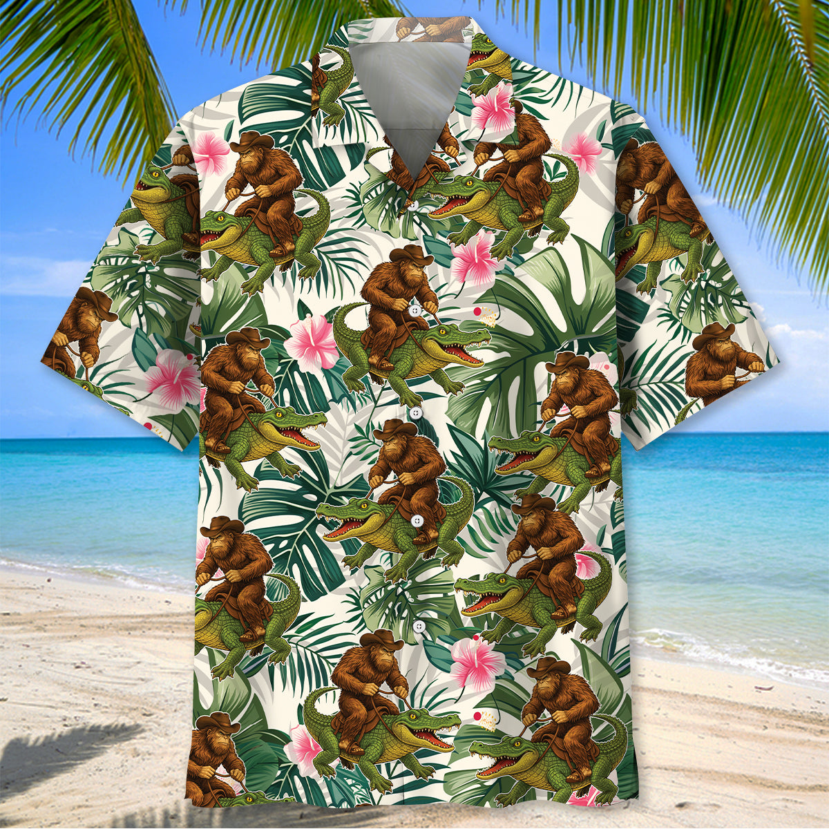 Bigfoot Green Cowboy with Crocodile Tropical Hawaiian Shirt Bigfoot Green Cowboy with Crocodile Tropical Hawaiian Shirt - Image 2