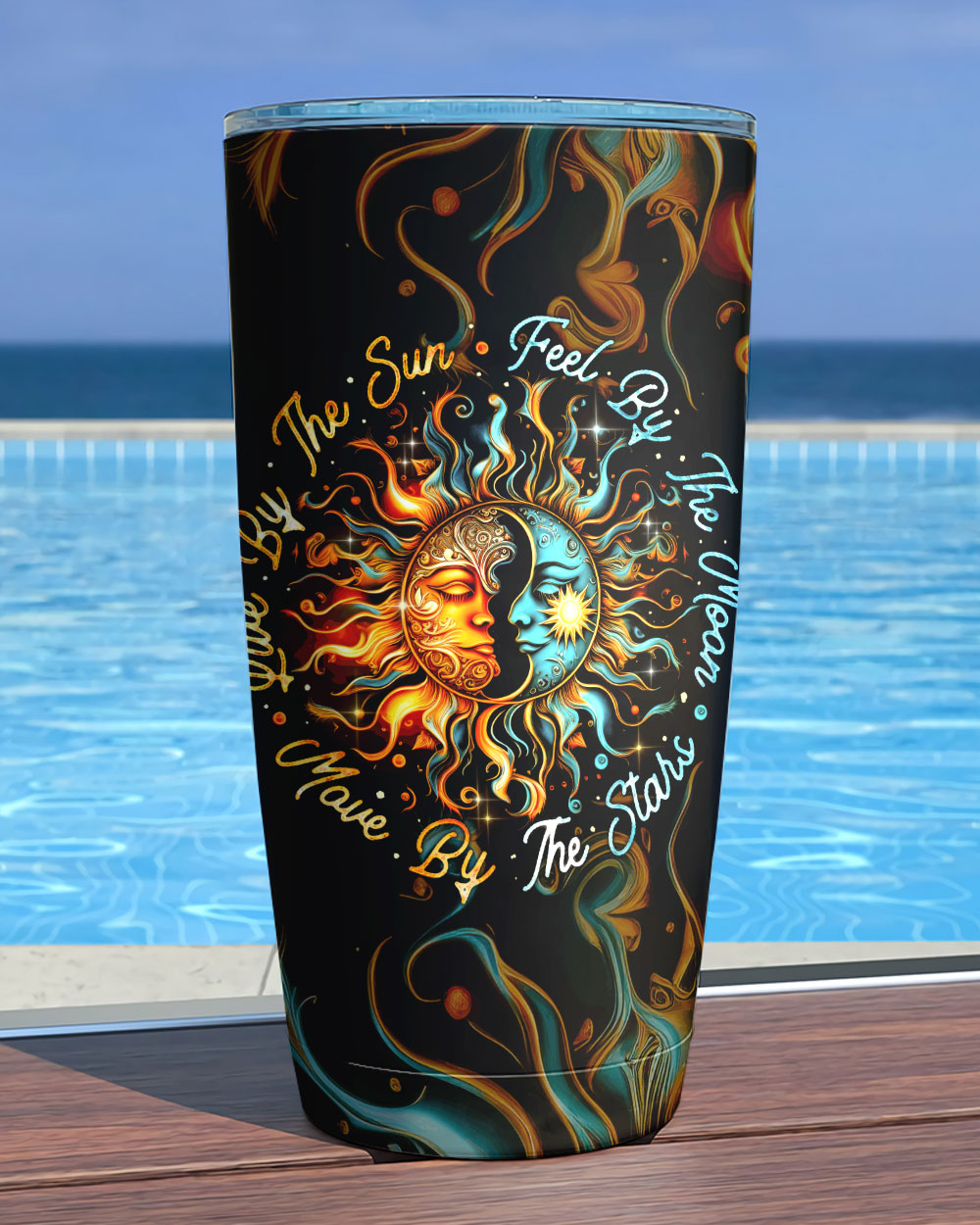 Feel By The Moon Insulated Tumbler | 20oz, 30oz, 40oz Lifestyle shot of a person holding the insulated tumbler, emphasizing its eye-catching 'Feel By the Moon' graphics.