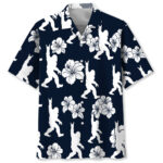 Front view of the Bigfoot Rock and Roll Hawaiian shirt featuring white hibiscus flowers on a navy background.