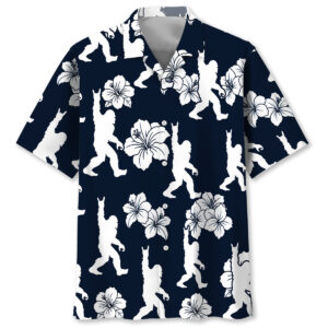Front view of the Bigfoot Rock and Roll Hawaiian shirt featuring white hibiscus flowers on a navy background.