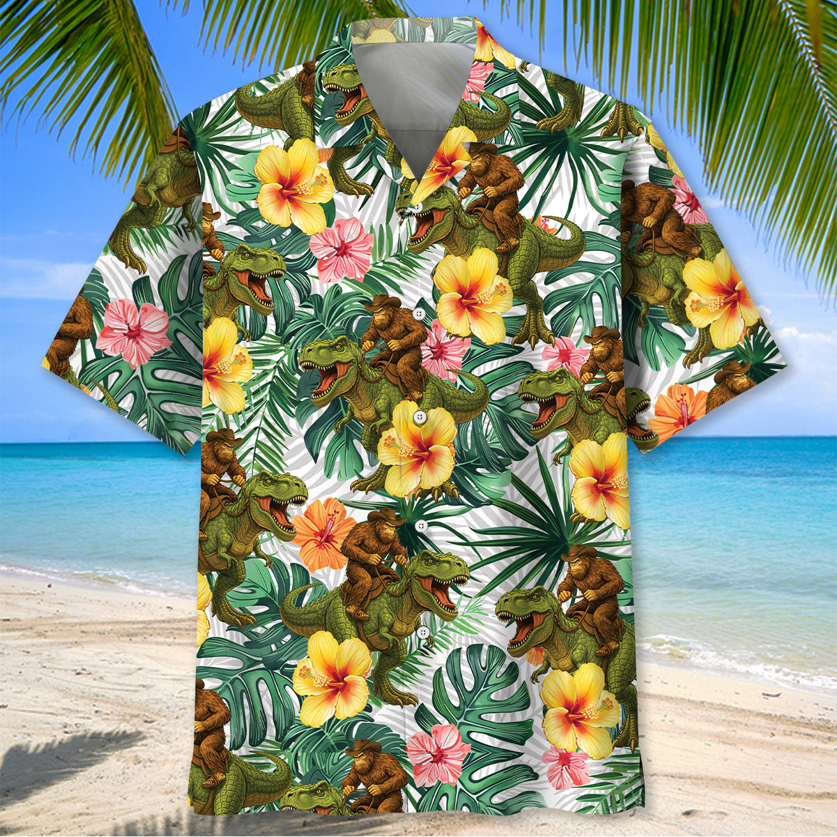 Bigfoot Green Cowboy with Dinosaur Tropical Hawaiian Shirt Bigfoot Green Cowboy with Dinosaur Tropical Hawaiian Shirt - Image 2