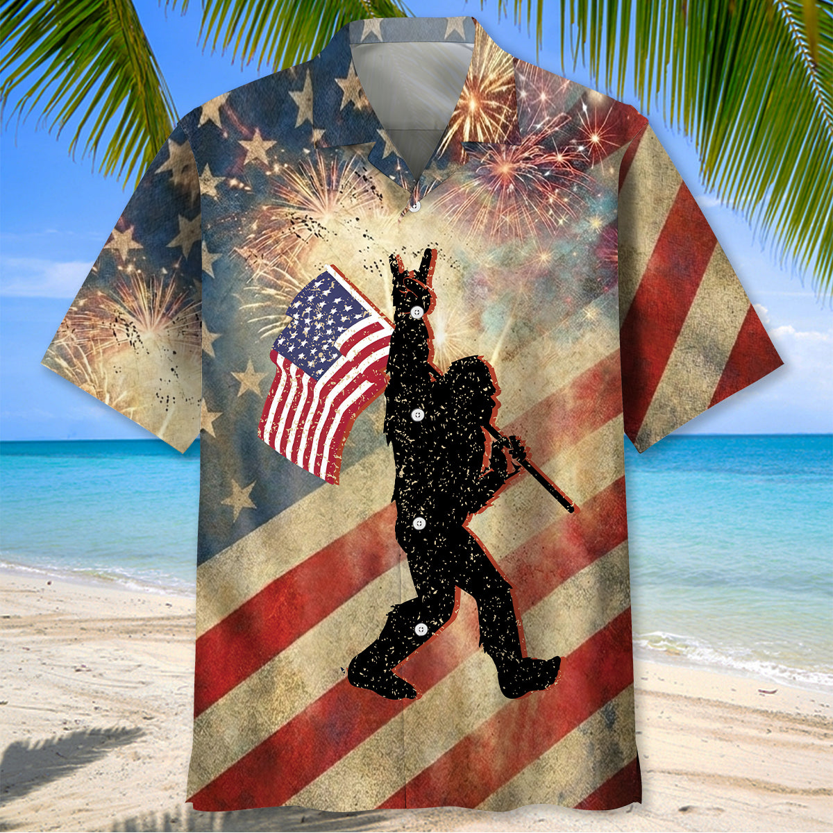 Bigfoot Waving USA Flag Hawaiian Shirt Back view of the Hawaiian shirt featuring Bigfoot waving USA flag, showcasing vibrant red and blue colors.