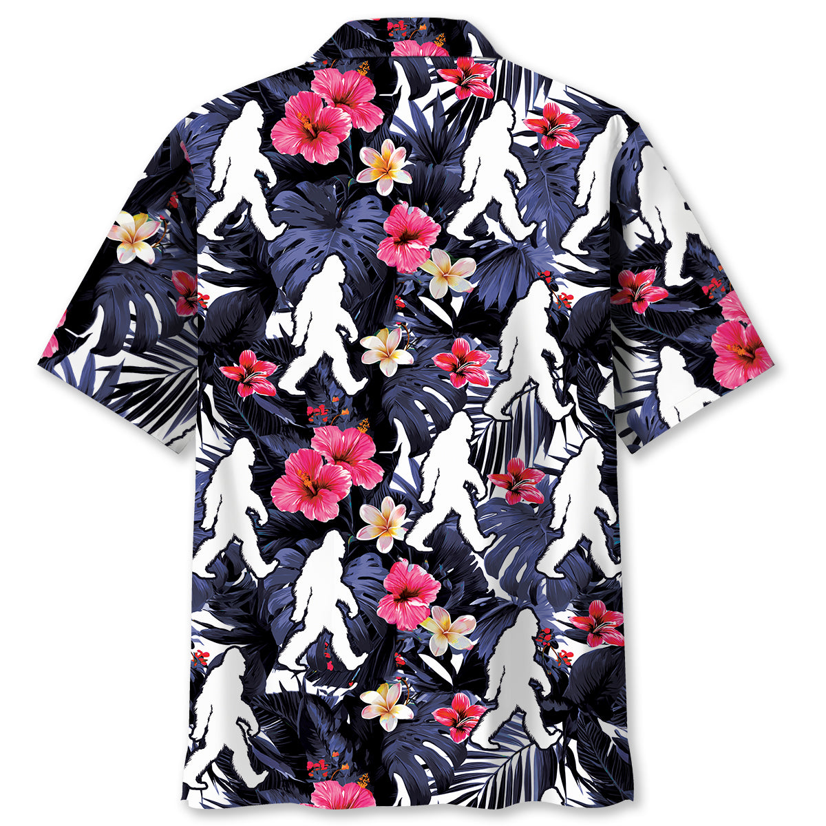 Tropical Bigfoot Walking Hawaiian Shirt Close-up detail of the tropical bigfoot walking Hawaiian shirt highlighting the vibrant flowers and bold prints.