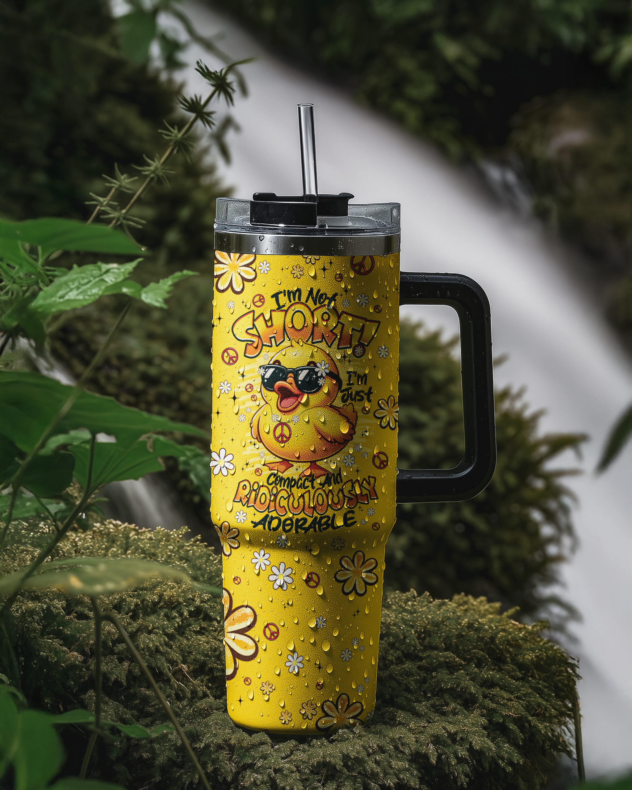 im not short duck hippie tumbler Side angle of the I'M NOT SHORT DUCK HIPPIE TUMBLER, showing off the peace symbols and playful graphics.