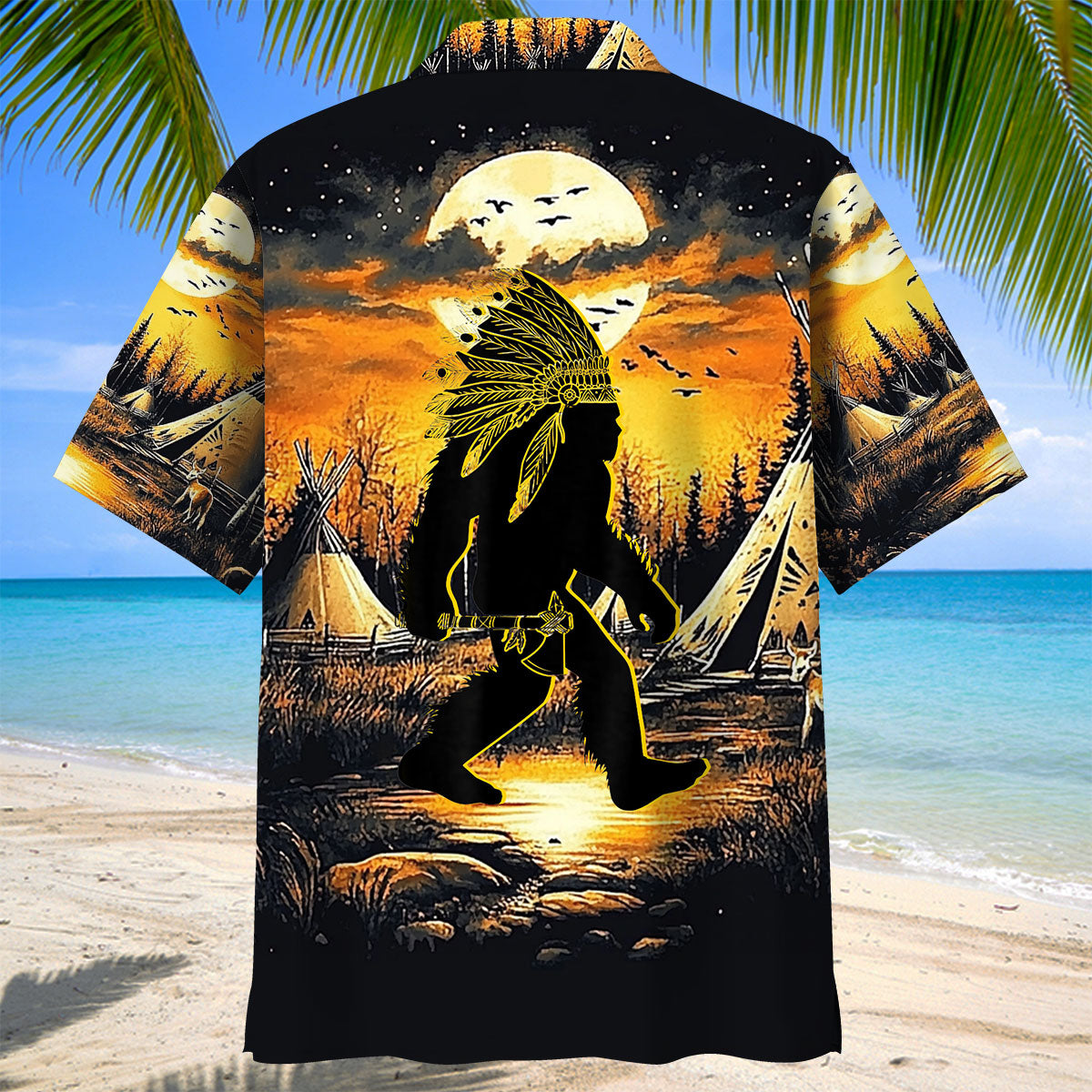 American Native Bigfoot Strolling Hawaiian Shirt Lifestyle image of the American Native Bigfoot Strolling Hawaiian Shirt worn outdoors, capturing its vibrant colors in natura