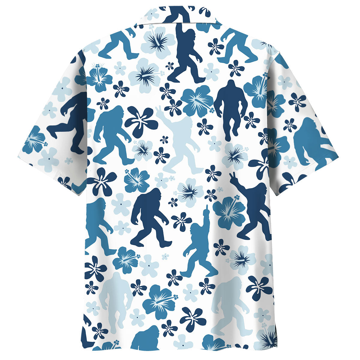 Bigfoot Hibiscus Blue Hawaiian Shirt Close-up detail of the Bigfoot hibiscus blue Hawaiian shirt featuring intricate hibiscus flowers and silhouettes.