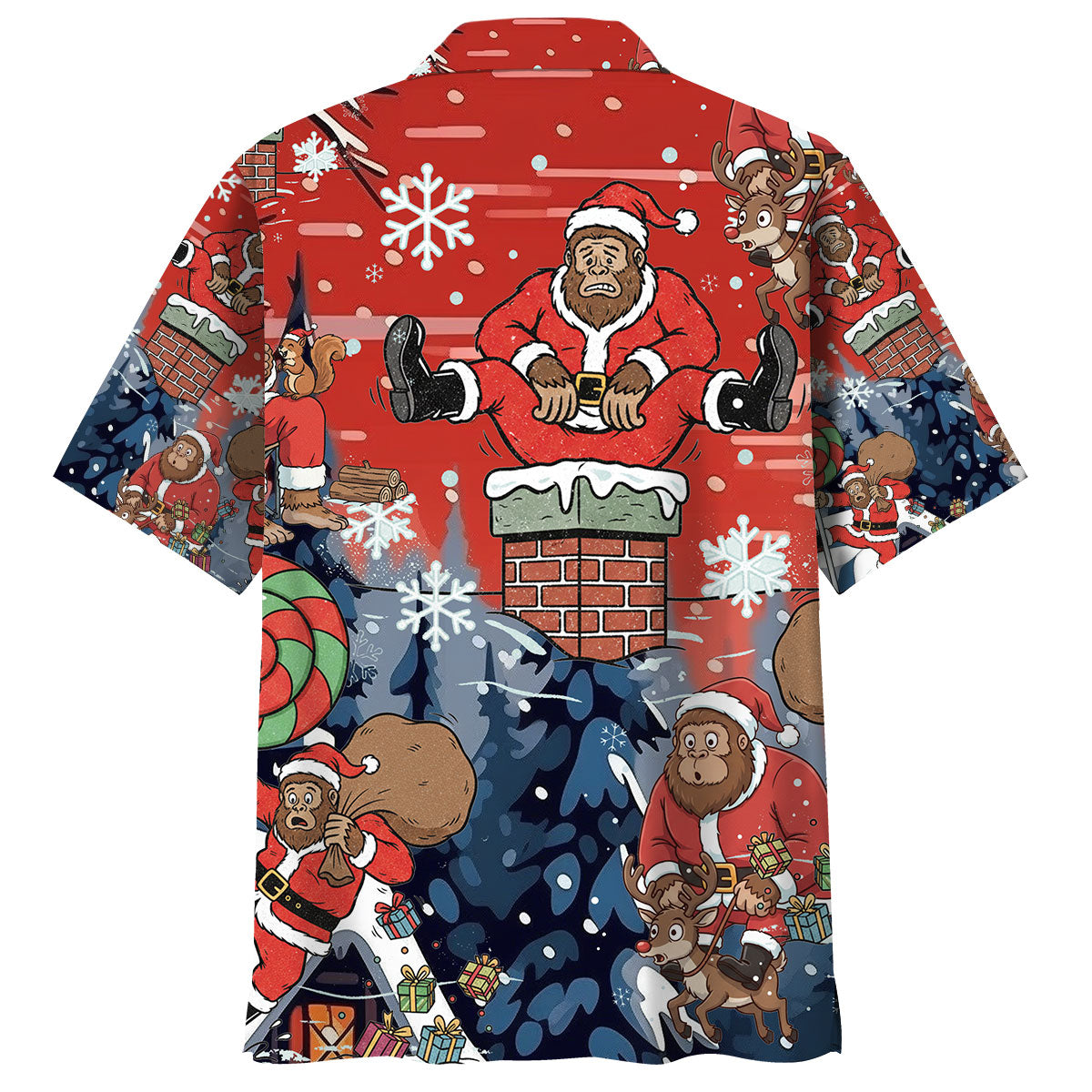Bigfoot Santa Funny Hawaiian Shirt Close-up detail of the Bigfoot Santa funny Hawaiian shirt's fabric, highlighting the cheerful illustrations and colors.