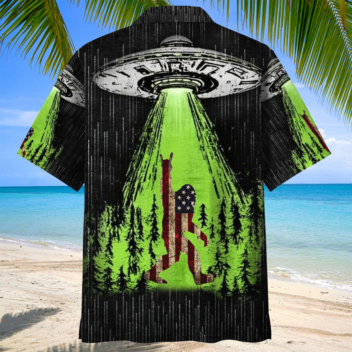 Sasquatch and UFO Abduction Hawaiian Shirt Lifestyle shot of the sasquatch and ufo abduction Hawaiian shirt worn at a beach party with friends.