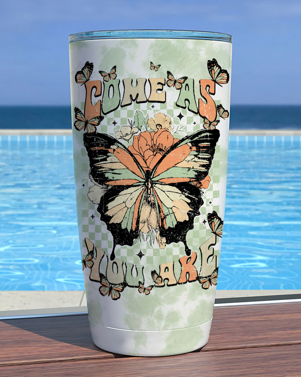 Come As You Are Insulated Tumbler | Stylish Drinkware Top-down perspective of the Come As You Are insulated tumbler filled with a refreshing drink, showcasing its size.